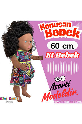 Oynar Gözlü Türkçe Konuşan Siyahi Nazlı Saçlı Et Bebek 60 Cm. - Konuşabilen Bebek - Saçlı Büyük Bebe