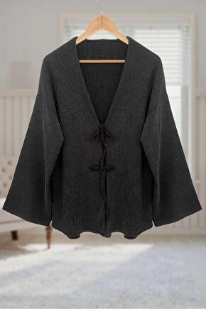 Antrasit Bürümcük Önü Bağlamalı Kimono Tunik  Likralı Ütü İstemezKumaş