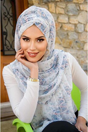 Beyaz Mavi Bahar Desen Hazır Şal
