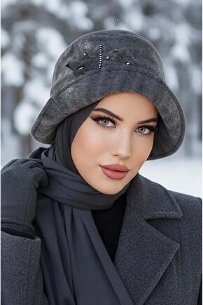 Füme Taşlı Aksesuarlı Vintage Şapka