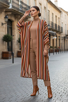 Taba Çizgili Tesettür Hırka - 10100