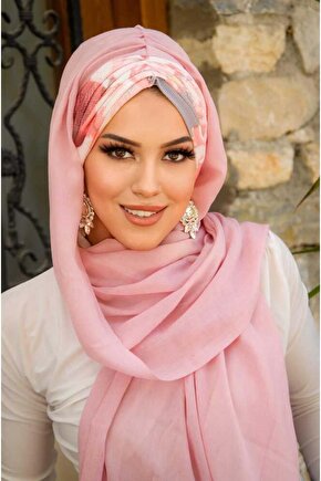 Pudra Somon Çiçek Desen Hazır Şal