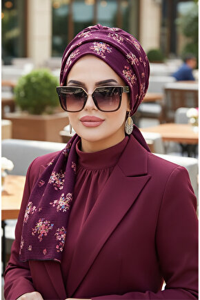 Mürdüm Buket Desenli Atkılı Bone