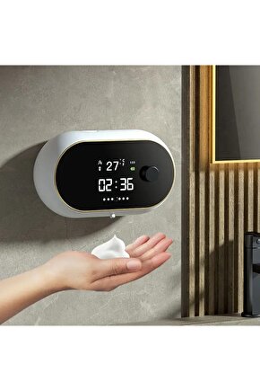 Modern Stil Duvara Monte USB Şarjlı LCD Dijital Ekran Otom. Temassız Sensörlü Köpük Sabunluk 450ml