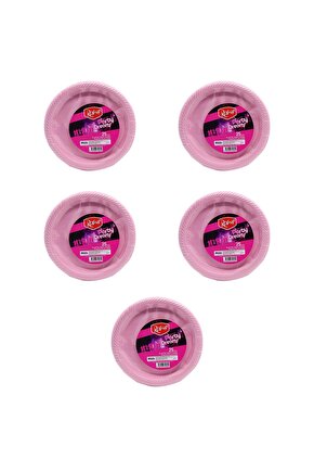 Kullan At Renkli Pembe Parti Davet Plastik Tabak - 22 Cm. - 25 Adetlik 5 Paket