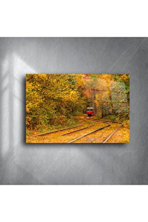 Sonbahar Ormanında Kırmızı Tramvay Cam Tablo