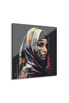 Müslüman Kız Sulu Boya Türban Başörtüsü İslam Cam Tablo Duvar Dekoru 2