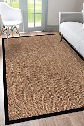 0503-Siyah Kumaş Bordür Sisal Halı Kilim Hav Toz Vermez Kolay Temizlenen Hasır Kilim