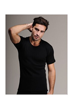 Erkek Siyah Kısa Kol % 75 Yün Bora Içlik
