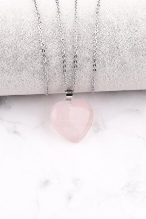 Pembe Kuvars Doğal Taş Kalp Kolye