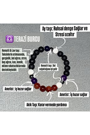 Terazi Burcu Bileklik 8mm Ay taşı, Akik,Lavtaşı , Hematit ,Ametist Doğal taş erkek bileklik