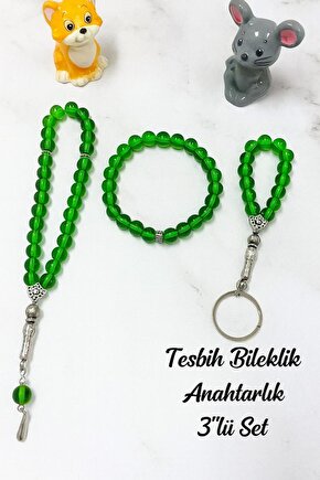 Oniks Taşı Cam Bileklik-33Lü Tesbih-Anahtarlık Seti | 3Lü Set | Hediye Aksesuar Kombin | Yeşil