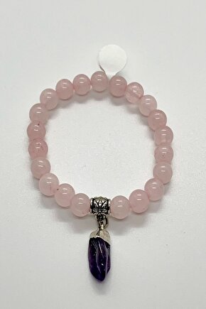 Doğal Pembe Kuvars  Aşk Taşı Ve Ametist  Sevgi Taşı Bileklik