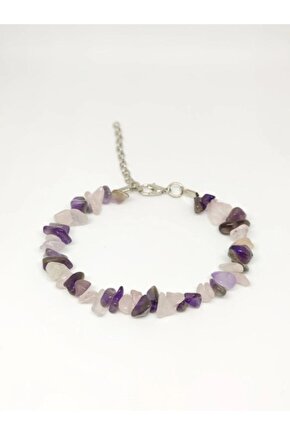 Gerçek Doğaltaş El Yapımı Ametist-pembe Kuvars Taşı Kırıktaş Ayarlanabilir Bileklik