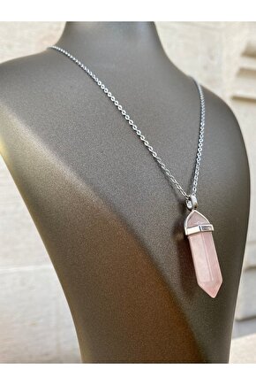 Pembe Kuvars  Doğal Taş Kolye - Çivi Modeli - Kolye Ucu + Zincir