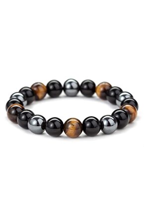 Kaplan Gözü - Hematit Ve Oniks Taş Bileklik Sağlık Mıknatısı, Erkek- Kadın Doğal Taş Bileklik