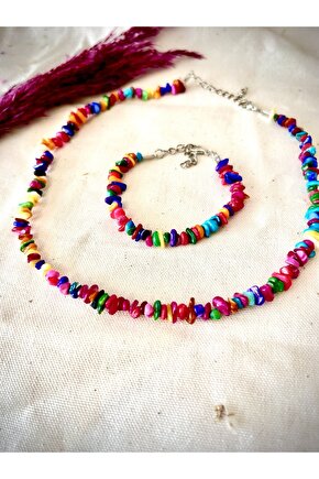 Doğal Renkli Sedef Kırık Taş Kolye Ve Bileklik Seti-%100 Orijinal