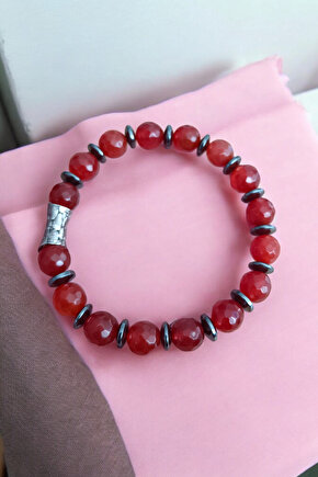 Kırmızı Akik Bileklik Faset Kesim Orijinal Gerçek Hakiki Akik Taşı Bileklik 10 mm