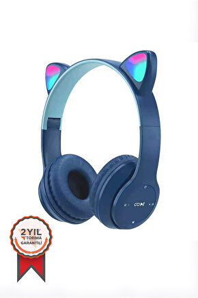 P47m Sevimli Renkli Kedi Kulak Bluetooth Kulaklık Lacivert