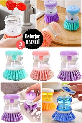 3 Adet Sıvı Deterjanlı Bulaşık Temizlik Aracı Ergonomik Kullanışlı Mutfak İçin Sabun Hazneli Bulaşık