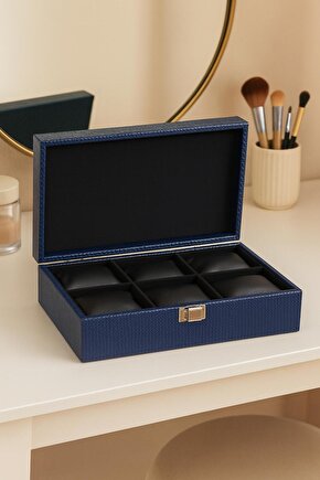 Lacivert Deri 6 Bölmeli Saat Kutusu – Şık Koleksiyon Kutusu 24x15x8