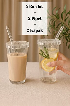 Cam Kapaklı Pipetli 400 ml Şeffaf Çizgili Bardak Seti – Soğuk İçecek ve Kahve Bardağı