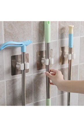 2 Adet Paspas Mop Fırça Ve Süpürge Askısı Sap Tutucu Mutfak Banyo Yapışkanlı Duvara Monte Aparatı