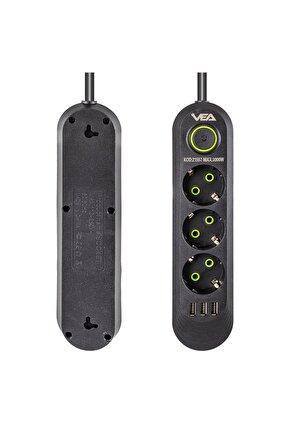 bydx 3LÜ 1.5 METRE KABLOLU 3 USBLİ SİYAH AKIM KORUMALI PRİZ BAKIR  Uyumlu KABLO HARİCİ GÜÇ