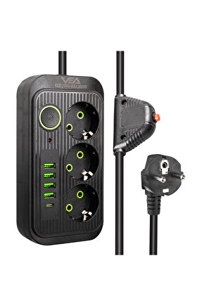 Çocuk Korumalı 4 Elektrik Prizi + 4 USB + 1 TYPE-C Giriş 1.5 Metre Uzatma Kablolu AXE55-71F3