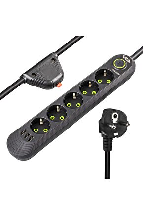Çocuk Korumalı Beşli Grup Priz 1.5 Metre Kablolu Siyah 3 Usb li AXE7-82F3