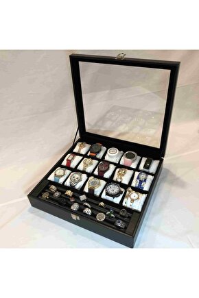 15 Bölme Görsel Cam Kapak Ahşap Iskelet Siyah Deri Kaplı Şık 15li Özel Kadın Takı Saat Kutusu