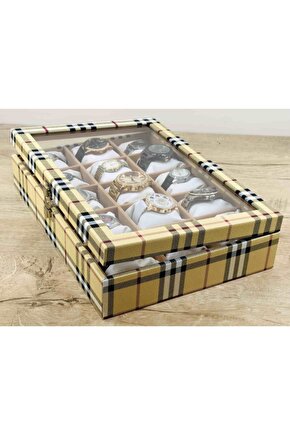 El Yapımı Sarı Ekose 15 Kol Saati Kapasiteli Büyük Boy Takı Kolye Halhal Saat Kutusu