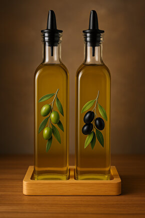 Ikili Ahşap Altlıklı Kare Cam Yağdanlık