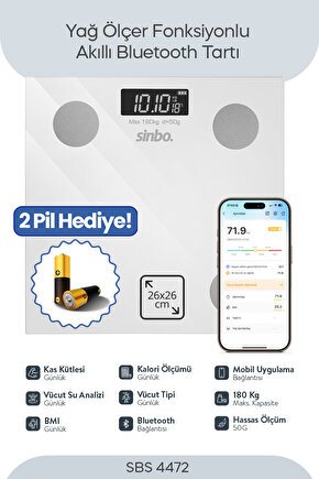 SBS-4472 Bluetooth Dijital Yağ Su Kas Vücut Kitle Endeksi Kilo Ölçer Tartı Baskül