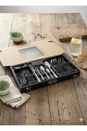 Kutulu 30 Parça 6 Kişilik Çatal Kaşık Takımı Kalpli Model