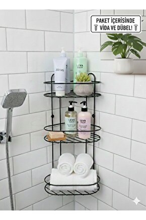 3 Katlı Metal Banyo ve Mutfak Düzenleyici Köşe Rafı 50 cm Vidalı - Yapışkanlı
