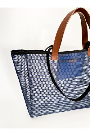 Kadın Mavi Petek Desenli Şeffaf Büyük Boy Plaj Ve Alışveriş Shopper Tote Omuz Çantası