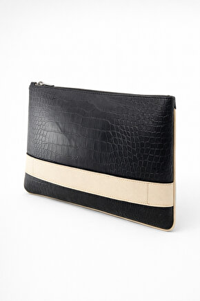 Bantlı Siyah Kroko Desenli Portföy Çanta