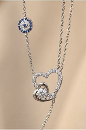 Tek Taşlı Çift Kalpli Kolye