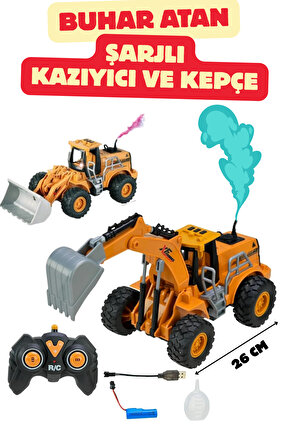 Oyuncak Uzaktan Kumandalı Şarjlı Buhar Atan Kazıcı Yükleyici Buharlı İş Makinası