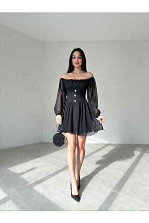 Düğme Detaylı Mini Şifon Elbise