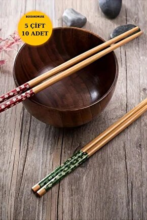 1. Kalite Bambu Çubuklar - Çiçek Desenli, 5 Çift (10 ADET) Çin Yemek Çubuğı Chopstick