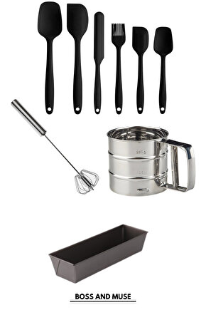 9 Parça Pasta Şefi Silikon Spatula Seti Kek Kalıbı Un Eleği Basmalı Çırpıcı