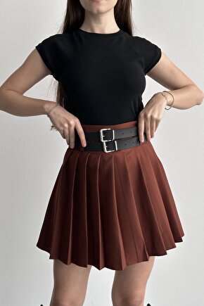 Kadın Çift Kemerli Şortlu Pileli Mini Etek - Yüksek Bel İç Göstermez Günlük Şık Kombin Eteği