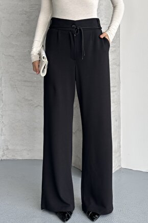 Kadın Yüksek Bel Bağcıklı Bol Paça Palazzo Pantolon – Rahat Kesim Günlük & Şık