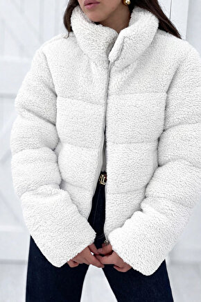 Kadın Beyaz Peluş Teddy Mont – Fermuarlı, Şişme, Kışlık Oversize Kürk Kaban