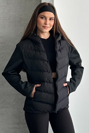 Kadın Siyah Kapüşonlu Termal Şişme Mont - ZR Range Rover Mom Kontrast Ceket