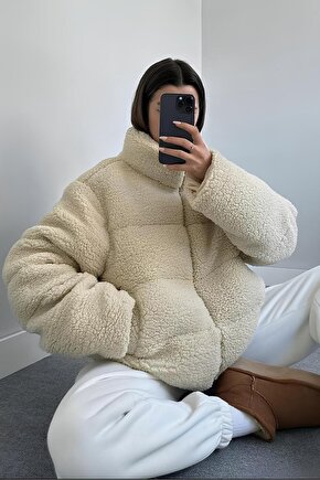 Kadın Oversize Peluş Kadın Mont – Teddy Polar Bej Şişme Mont - Kışlık Yumuşak Teddy Bear Ceket