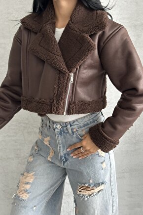 Kadın İçi Kürklü Suni Deri Mont - Crop Biker Deri Ceket
