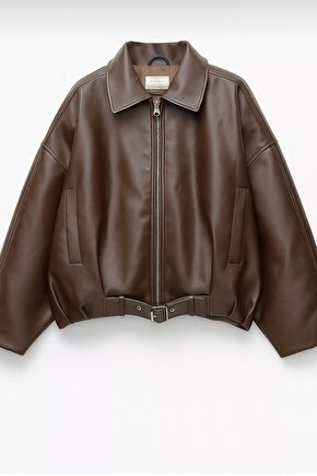 Kadın Oversize Bomber Suni Deri Ceket | Yeni Sezon Kemerli Biker Ceket